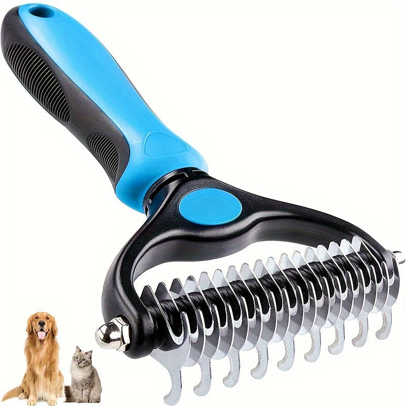 Double-sided pet grooming brush, ideal for shedding and matting, extra wide and blue, suitable for dogs and cats.