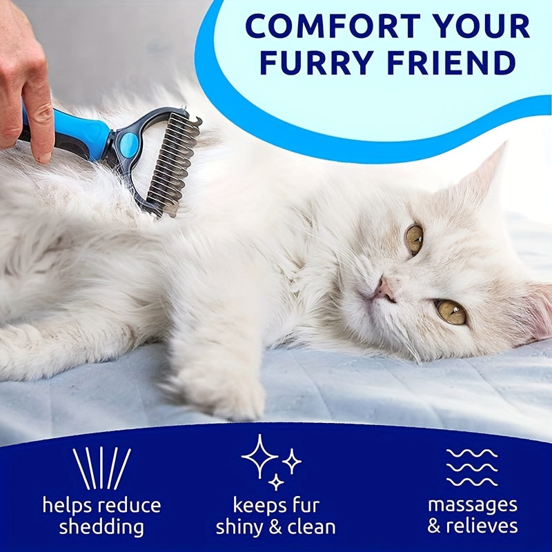 Double-sided pet grooming brush, ideal for shedding and matting, extra wide and blue, suitable for dogs and cats.