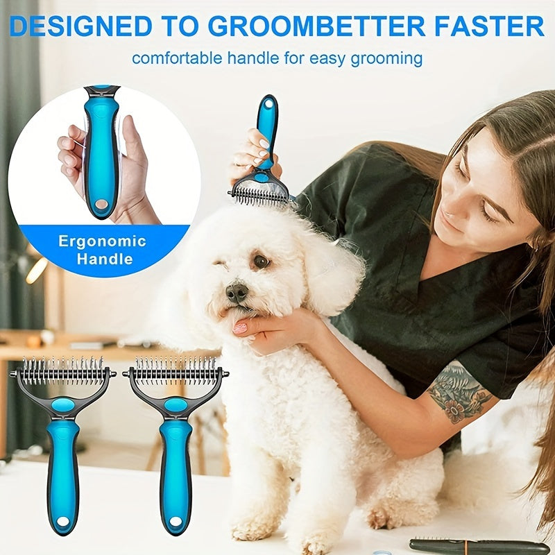 Double-sided pet grooming brush, ideal for shedding and matting, extra wide and blue, suitable for dogs and cats.