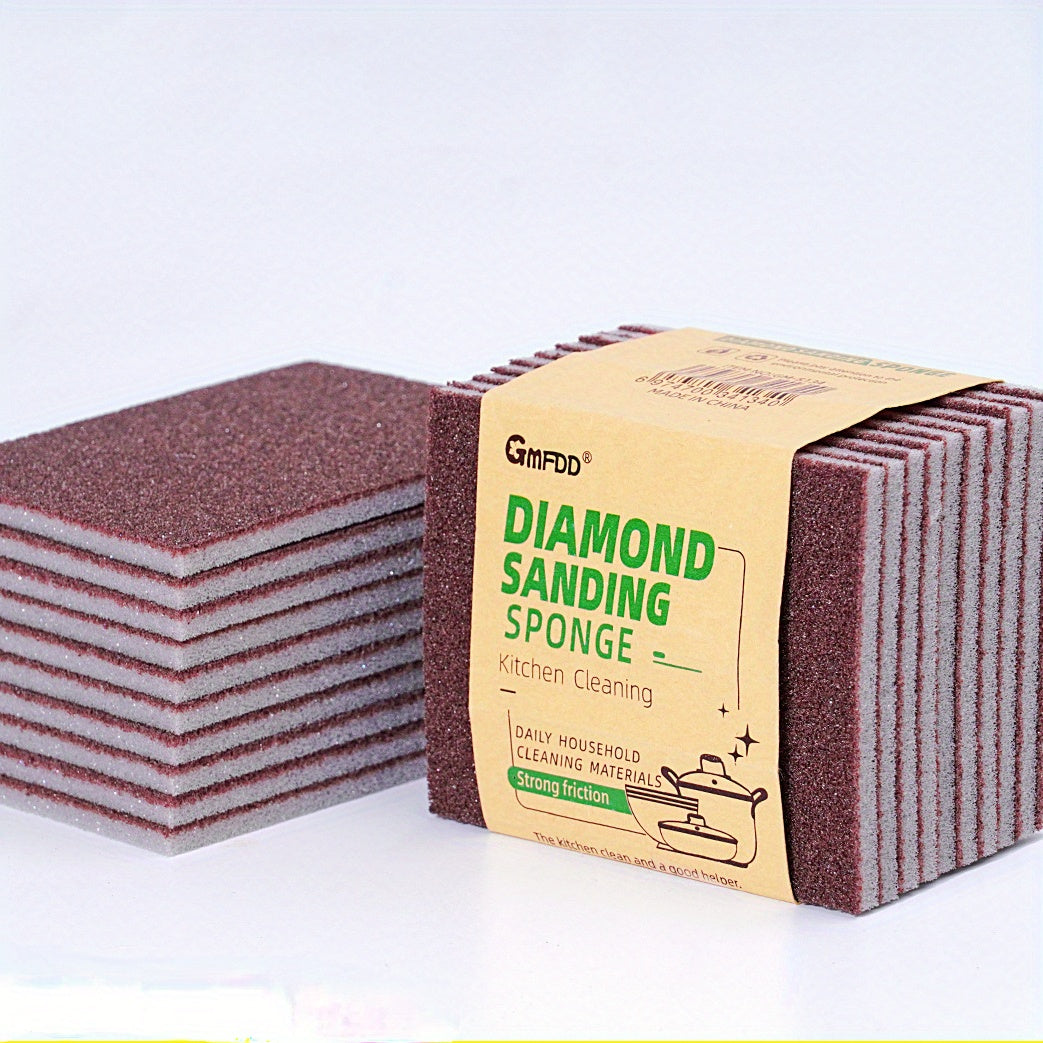 Sponge cloths with diamond sand, suitable for cleaning pots, dishes, and household kitchen items. Helps with rust removal, grinding, and general cleaning. Can also be used as a magic sponge for wiping surfaces. Available in packs of 10 or 20 pieces.