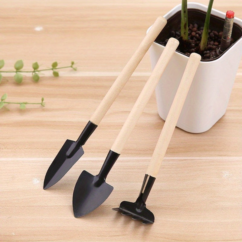 Set of three gardening tools: flower rake for loading vegetable seeds, small shovel for succulents, and potted supplies.