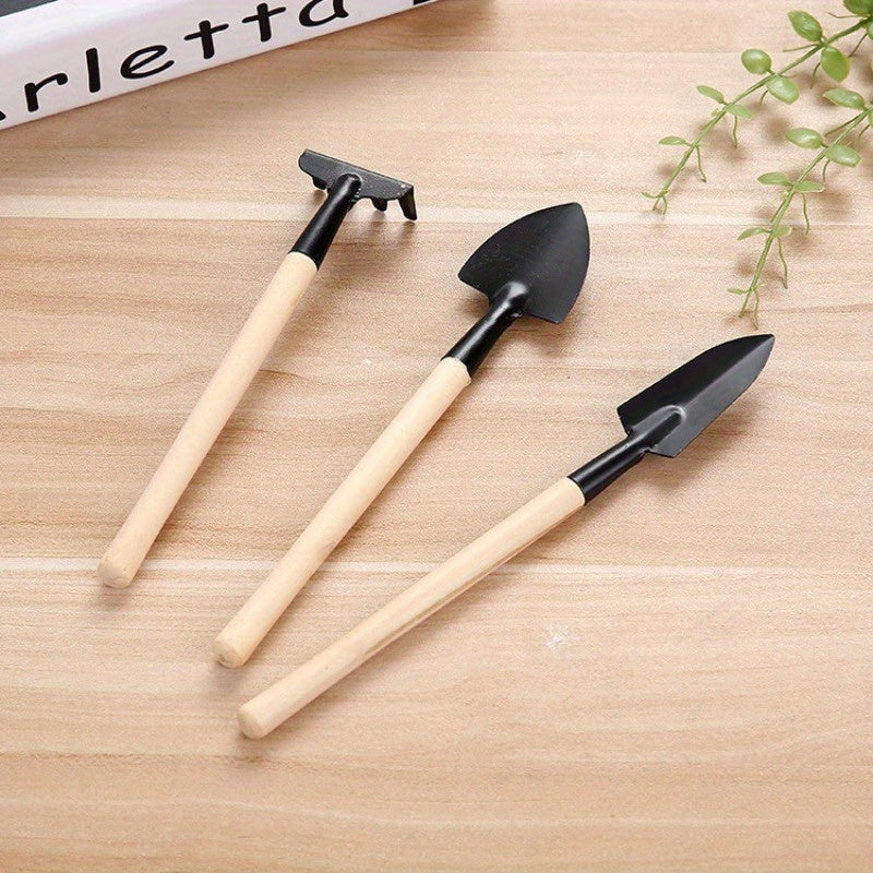 Set of three gardening tools: flower rake for loading vegetable seeds, small shovel for succulents, and potted supplies.