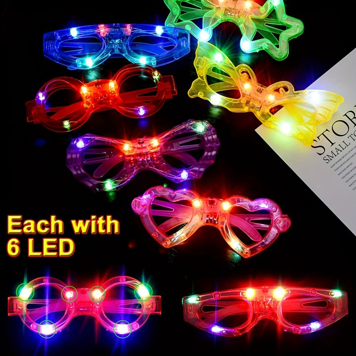 6 LED light-up glasses with 6 shapes, includes 3 replaceable batteries - ideal for New Year's Eve, concerts, and holiday parties.