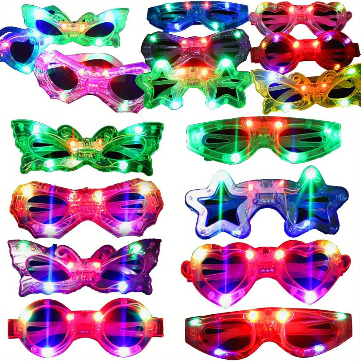 6 LED light-up glasses with 6 shapes, includes 3 replaceable batteries - ideal for New Year's Eve, concerts, and holiday parties.