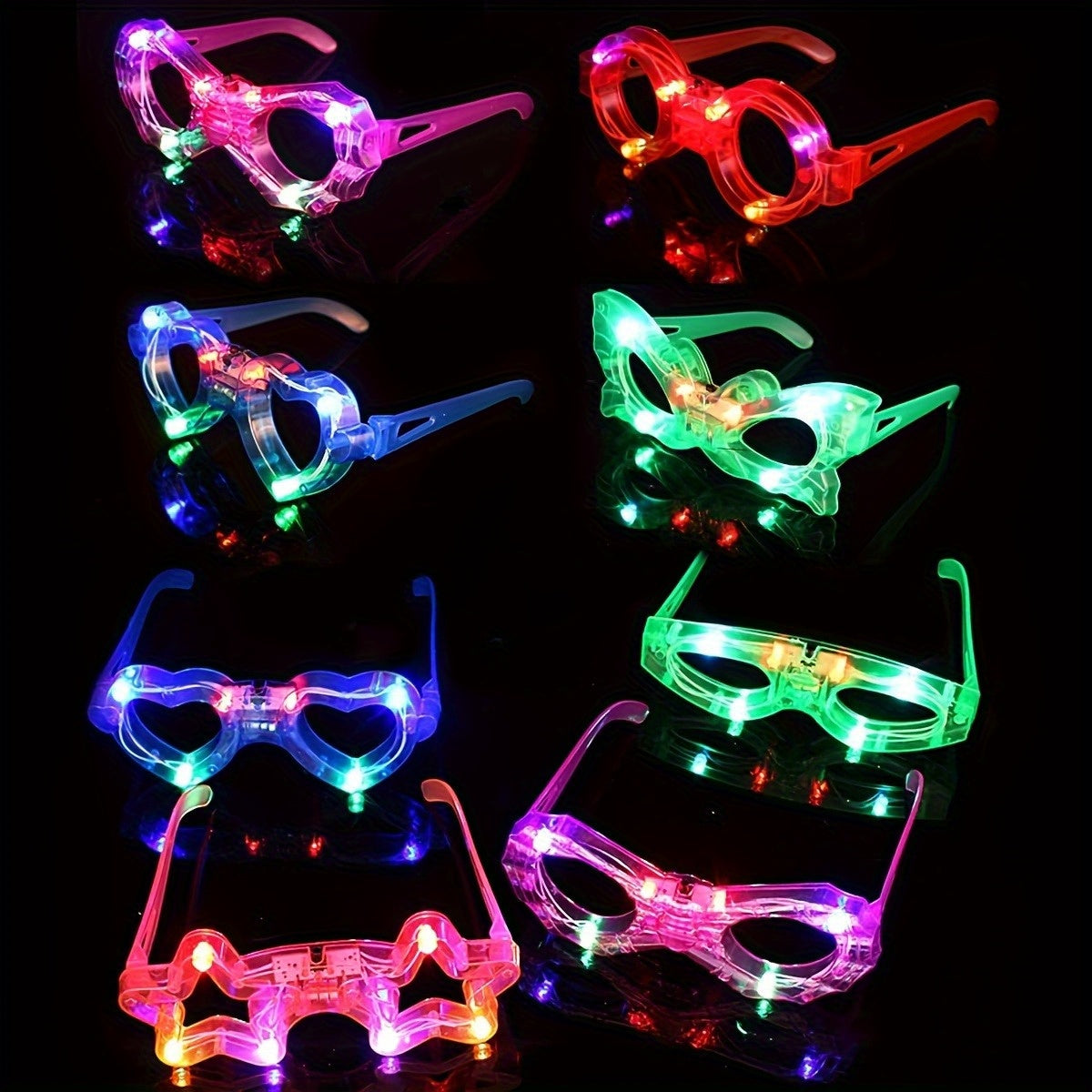 6 LED light-up glasses with 6 shapes, includes 3 replaceable batteries - ideal for New Year's Eve, concerts, and holiday parties.