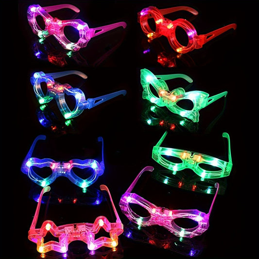 6 LED light-up glasses with 6 shapes, includes 3 replaceable batteries - ideal for New Year's Eve, concerts, and holiday parties.