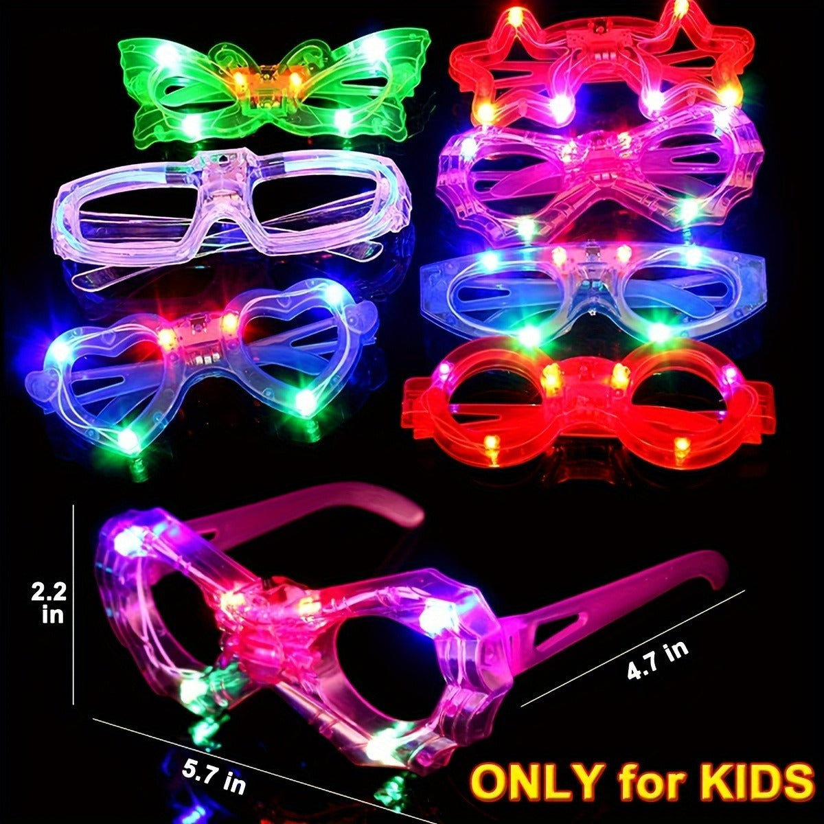 6 LED light-up glasses with 6 shapes, includes 3 replaceable batteries - ideal for New Year's Eve, concerts, and holiday parties.