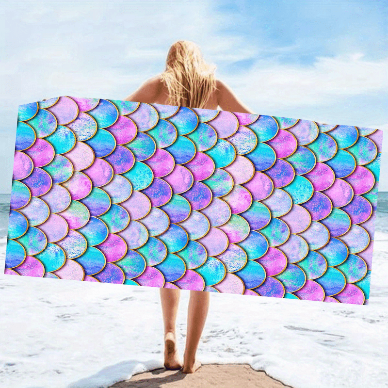 Mermaid fish scale pattern swimming bathrobe for women, quick-drying and absorbent, available in 70*140cm or 90*180cm sizes. Perfect for the beach, pool, or sports.