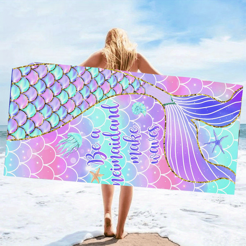 Mermaid fish scale pattern swimming bathrobe for women, quick-drying and absorbent, available in 70*140cm or 90*180cm sizes. Perfect for the beach, pool, or sports.