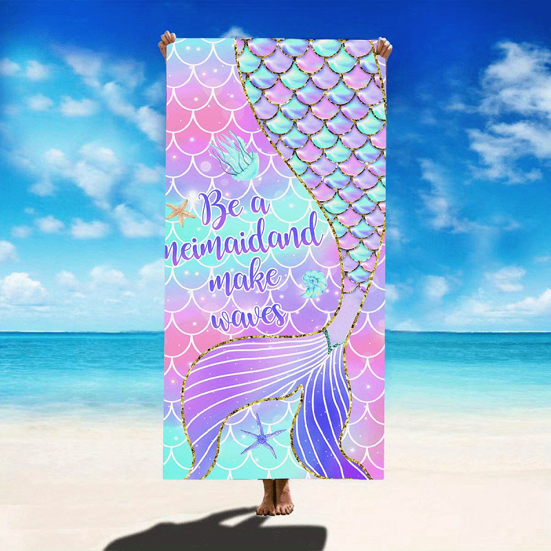 Mermaid fish scale pattern swimming bathrobe for women, quick-drying and absorbent, available in 70*140cm or 90*180cm sizes. Perfect for the beach, pool, or sports.