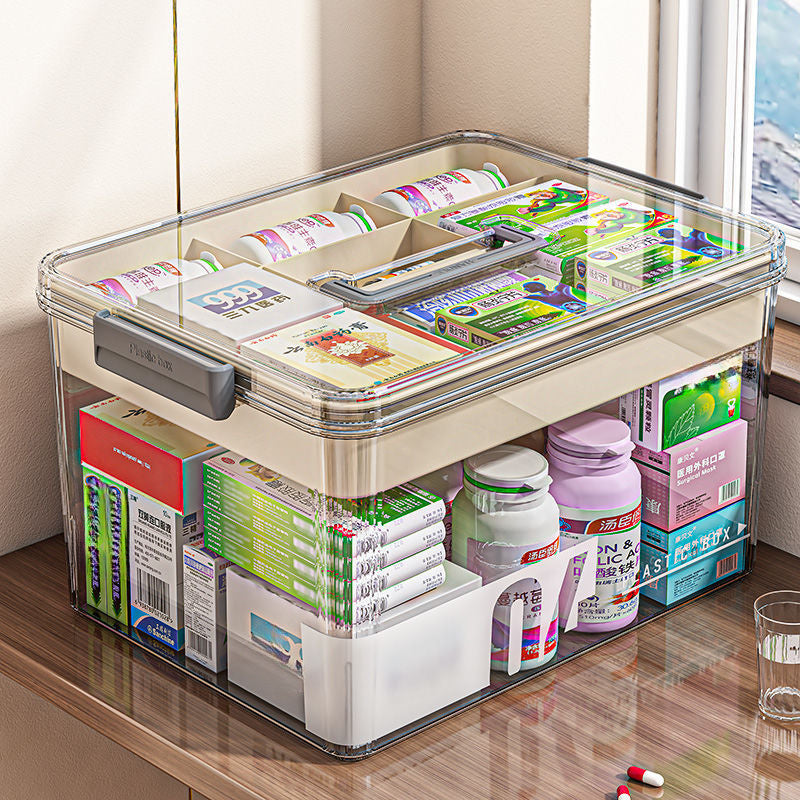 Transparent multi-layer medical storage box with large capacity for organizing small medicine items.