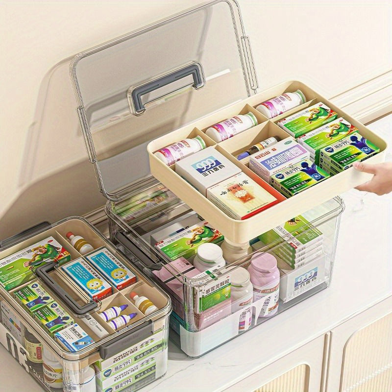 Transparent multi-layer medical storage box with large capacity for organizing small medicine items.