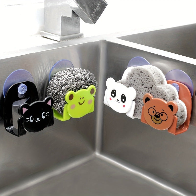 Suction Cup Sponge Holder with Cartoon Animal Design - Adorable Sink Organizer for Sponges and Scrubbers, Drainage Feature, and Towel Hook for Bathroom and Kitchen Use