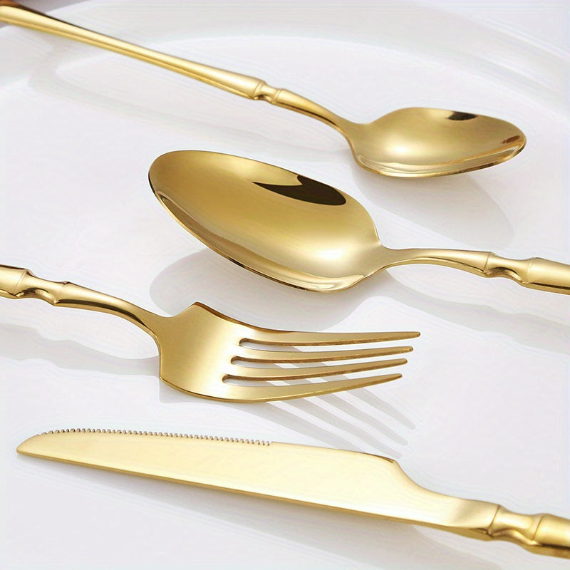 30-piece stainless steel tableware set for use in hotels, banquets, and restaurants, includes steak knife, fork, and dessert spoon.