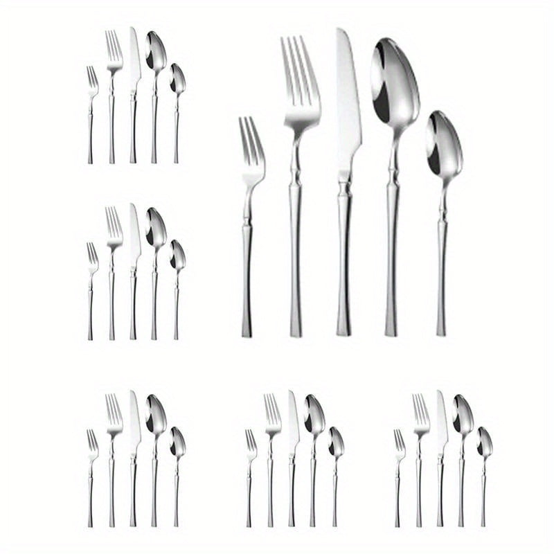 30-piece stainless steel tableware set for use in hotels, banquets, and restaurants, includes steak knife, fork, and dessert spoon.