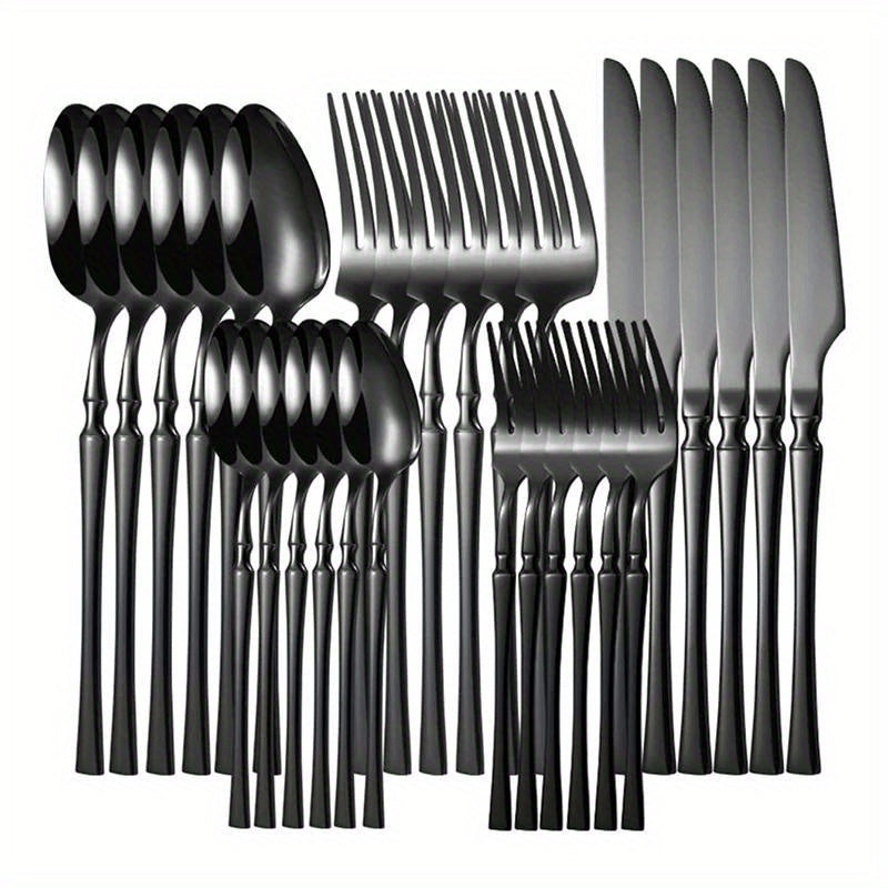 30-piece stainless steel tableware set for use in hotels, banquets, and restaurants, includes steak knife, fork, and dessert spoon.