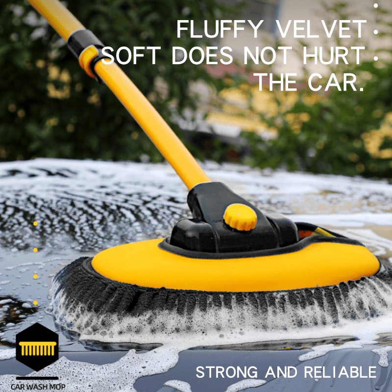 Telescopic car wash mop with adjustable angle head, durable aluminum alloy handle, soft chenille microfiber bristles for enhanced cleaning, easy-grip long handle, lightweight design.