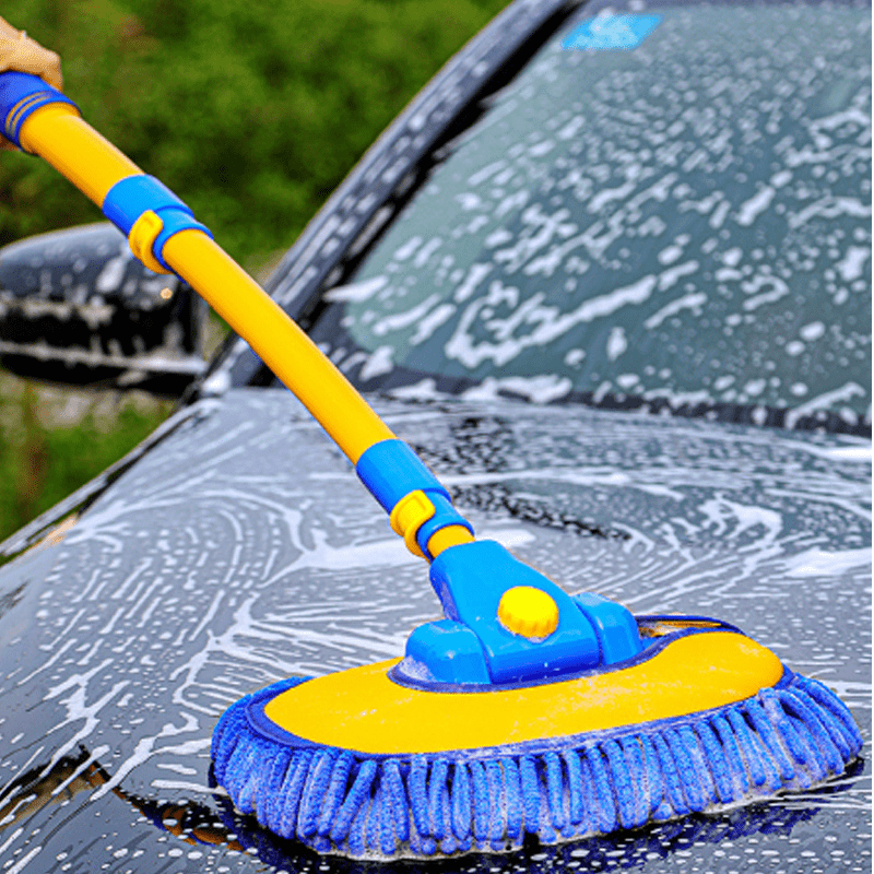 Telescopic car wash mop with adjustable angle head, durable aluminum alloy handle, soft chenille microfiber bristles for enhanced cleaning, easy-grip long handle, lightweight design.