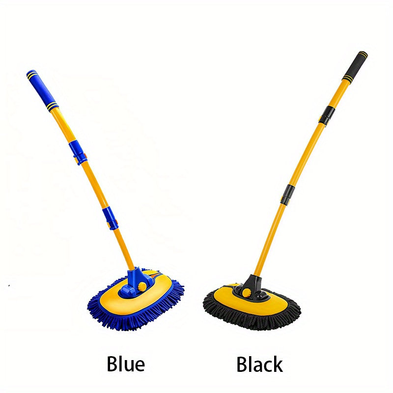 Telescopic car wash mop with adjustable angle head, durable aluminum alloy handle, soft chenille microfiber bristles for enhanced cleaning, easy-grip long handle, lightweight design.