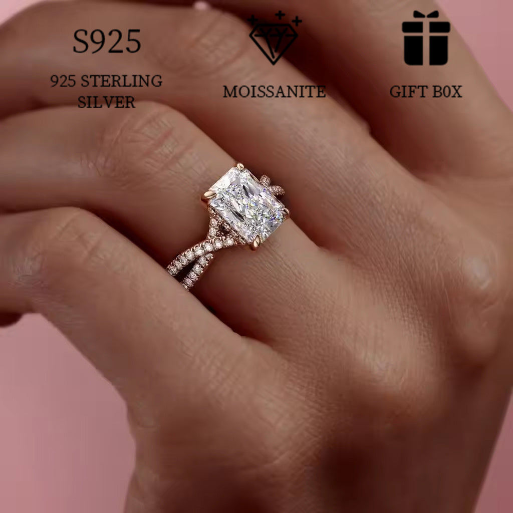 Rectangular Moissanite Engagement Ring - Perfect for Proposal & Anniversary, Hypoallergenic Cross Shank, Boho Style, Elegant S925 Sterling Silver Jewelry for Ladies, Comes with a Gift Box