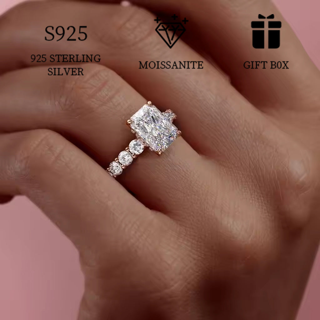 Rectangular Moissanite Prong Set Engagement Ring in 925 Sterling Silver, 2ct for Women. Features an Elegant Personality Style, Perfect for Boho and Holiday Looks. Ideal for proposing, weddings, Valentine's Day, Mother's Day. Makes a delicate gift and