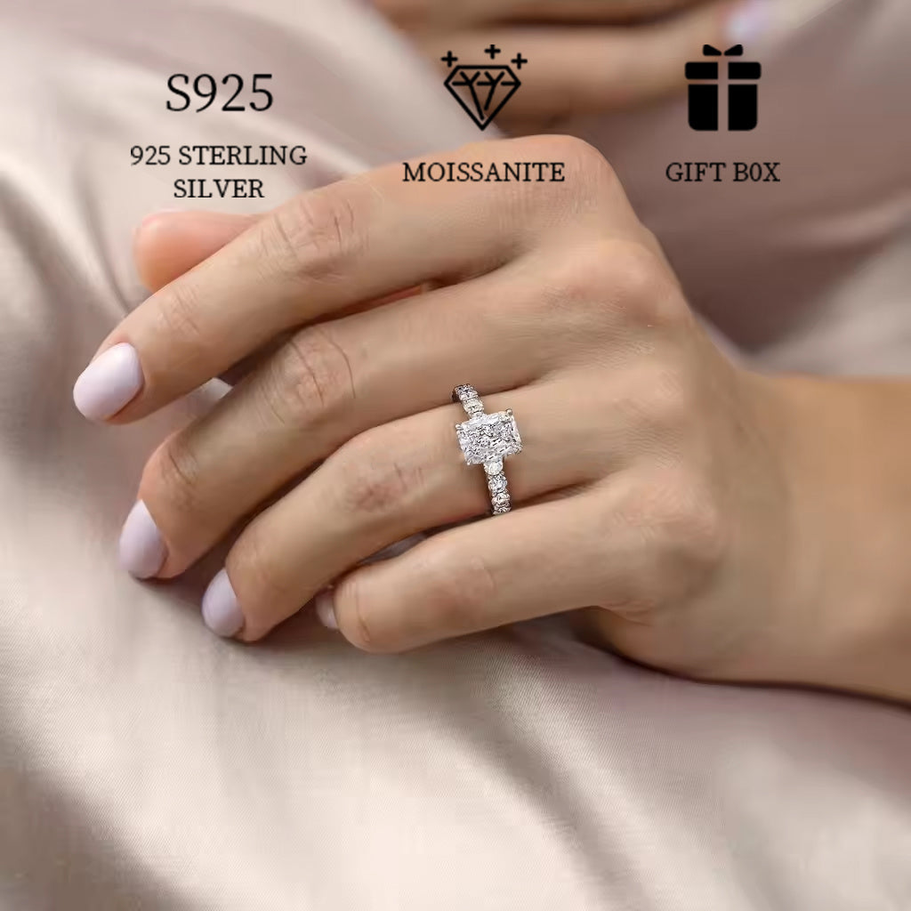 Rectangular Moissanite Prong Set Engagement Ring in 925 Sterling Silver, 2ct for Women. Features an Elegant Personality Style, Perfect for Boho and Holiday Looks. Ideal for proposing, weddings, Valentine's Day, Mother's Day. Makes a delicate gift and