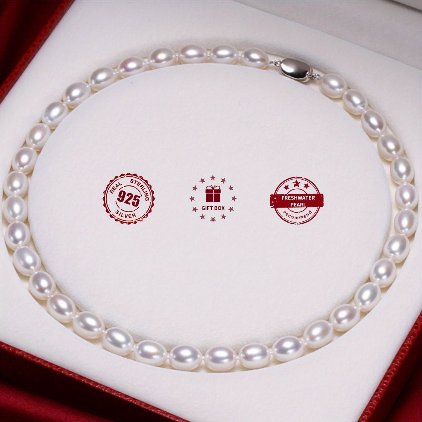 Necklace featuring freshwater pearls in rice shapes, accented with a silver-plated big natural pearl, presented in a gift box.