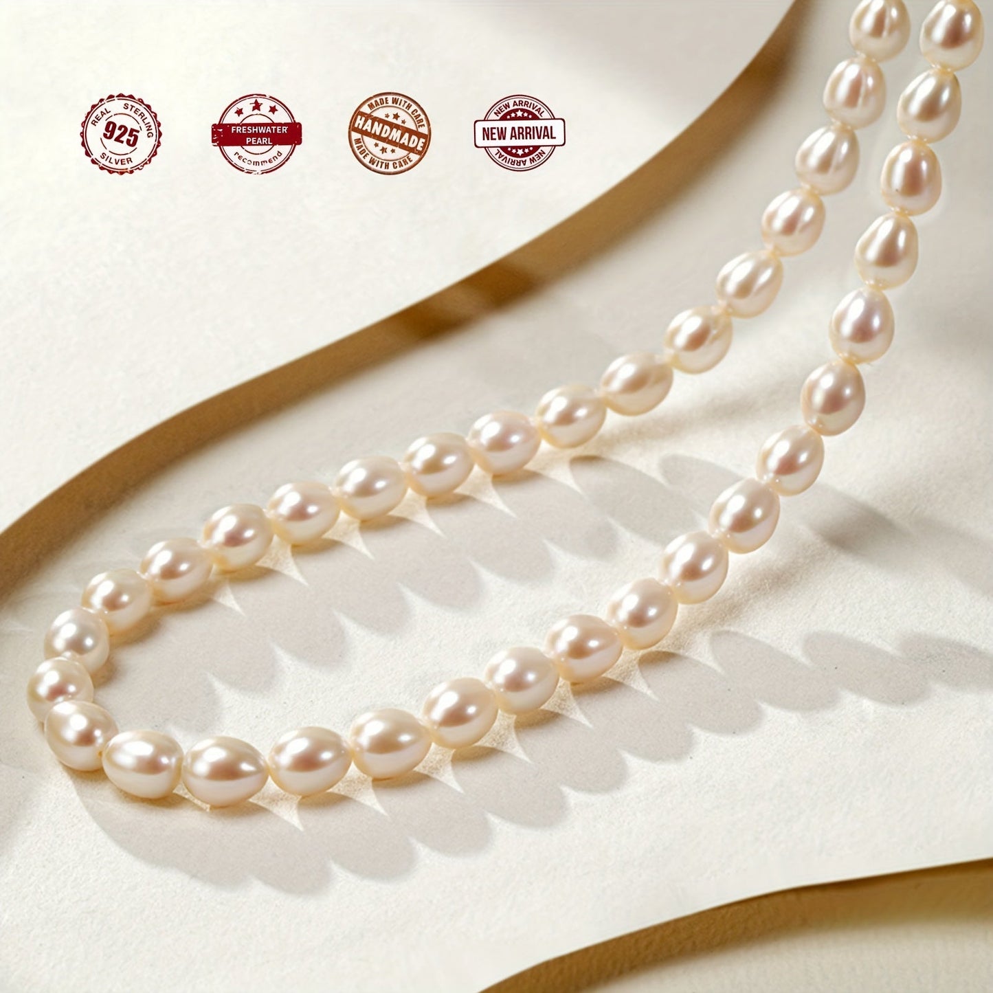 Necklace featuring freshwater pearls in rice shapes, accented with a silver-plated big natural pearl, presented in a gift box.