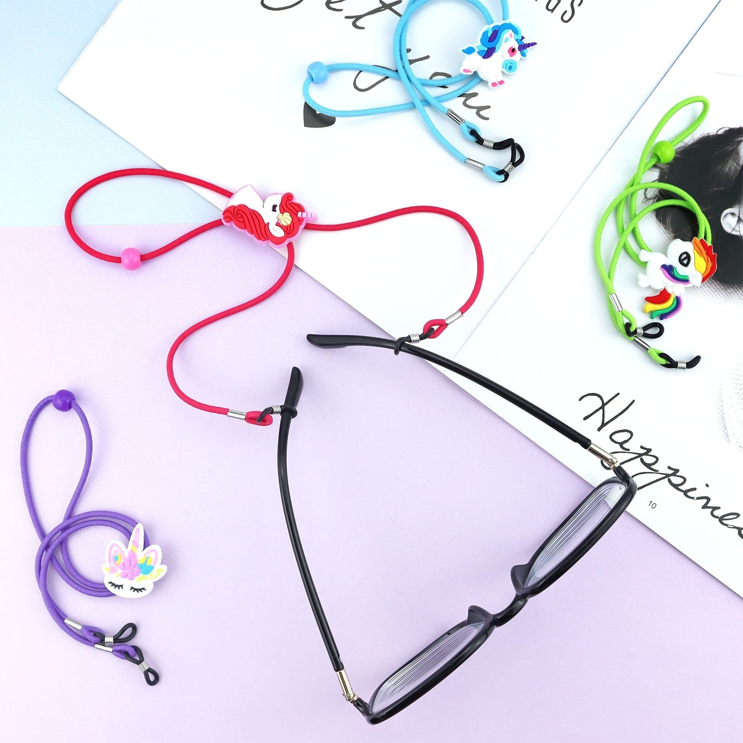 Cartoon Unicorn Glasses Strap Holder - Set of 8, Anti-Slip Glasses Cord Rope, Adjustable Sunglasses Chain Lanyard with Cute Design for Girls and Boys.