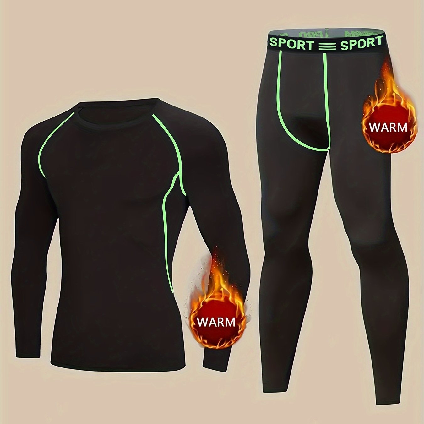 Men's thermal underwear set with fleece lining, perfect for sports and outdoor activities, includes long-sleeve top and pants.