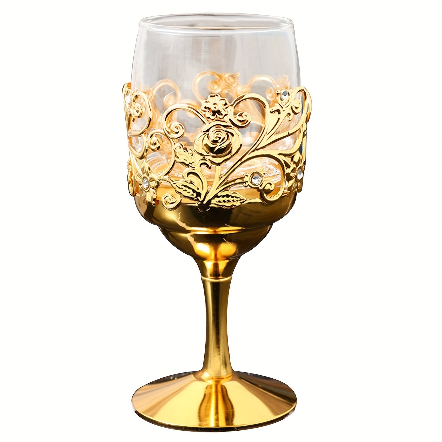 Elegant golden goblets with vintage European style, ideal for parties, weddings, and festivals. Hand wash only, reusable with floral pattern.