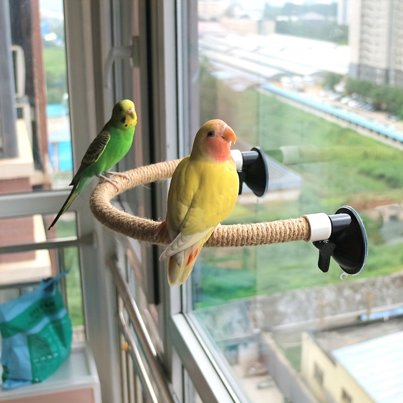 Durable PVC curved perch with suction cup for small to large parrots, mountable on windows, glass, and smooth tile walls for sunbathing and exercise.