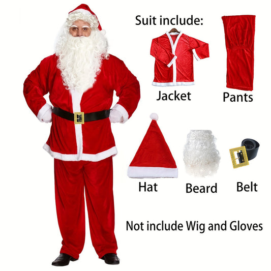 Stylish 5-piece Santa Claus Outfit for Grown-ups - Comes with Festive Red Coat, Trousers, Hat, Fake Beard & Belt - Ideal for Holiday Celebrations & Dress-up, Festive Home Decor.