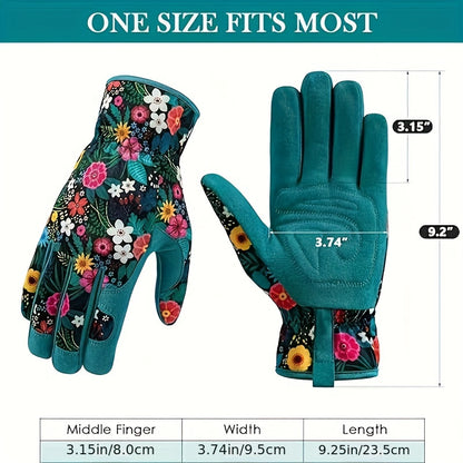 Floral print polyester garden gloves, breathable, ambidextrous work gloves, lead & PVC free, easy care - outdoor gardening hand protection.