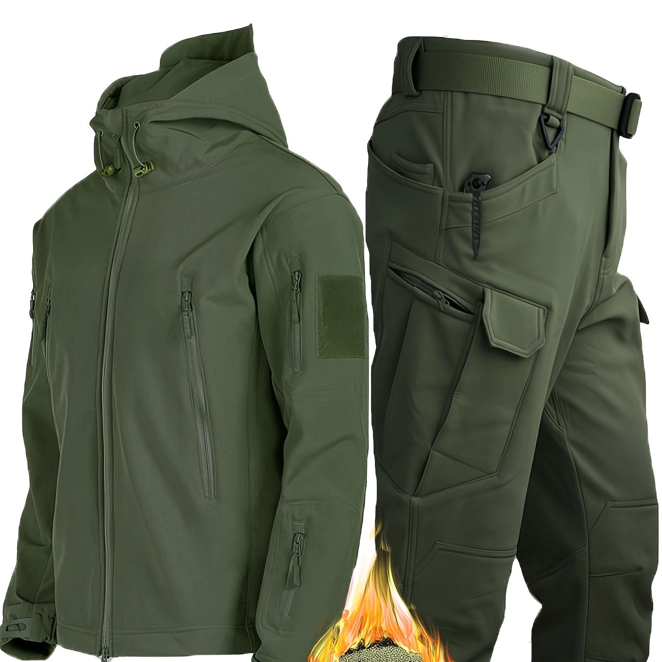 Men's Winter Outdoor 2pcs Set: Fleece Hooded Jacket & Pants with Multiple Pockets - Ideal for Hiking, Sports, or Father's Day.