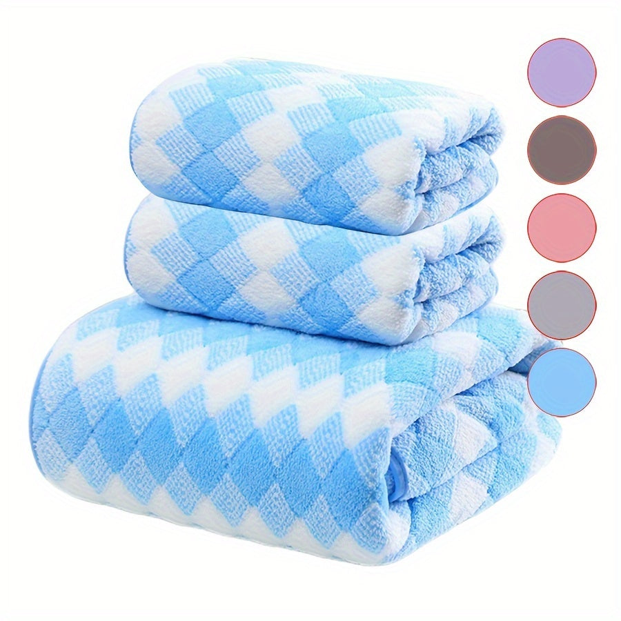 Boss Plaid Pattern Towel Set, Coral Velvet, includes 2 bath towels and 1 hand towel. Soft and absorbent, perfect for the home bathroom.