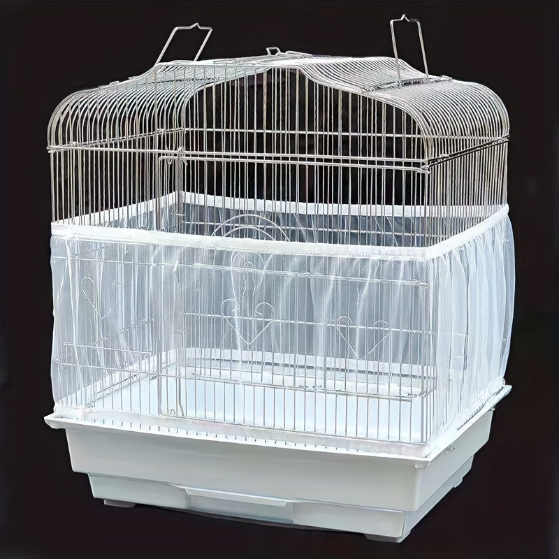 Mesh net cover keeps parrot cages clean and tidy.