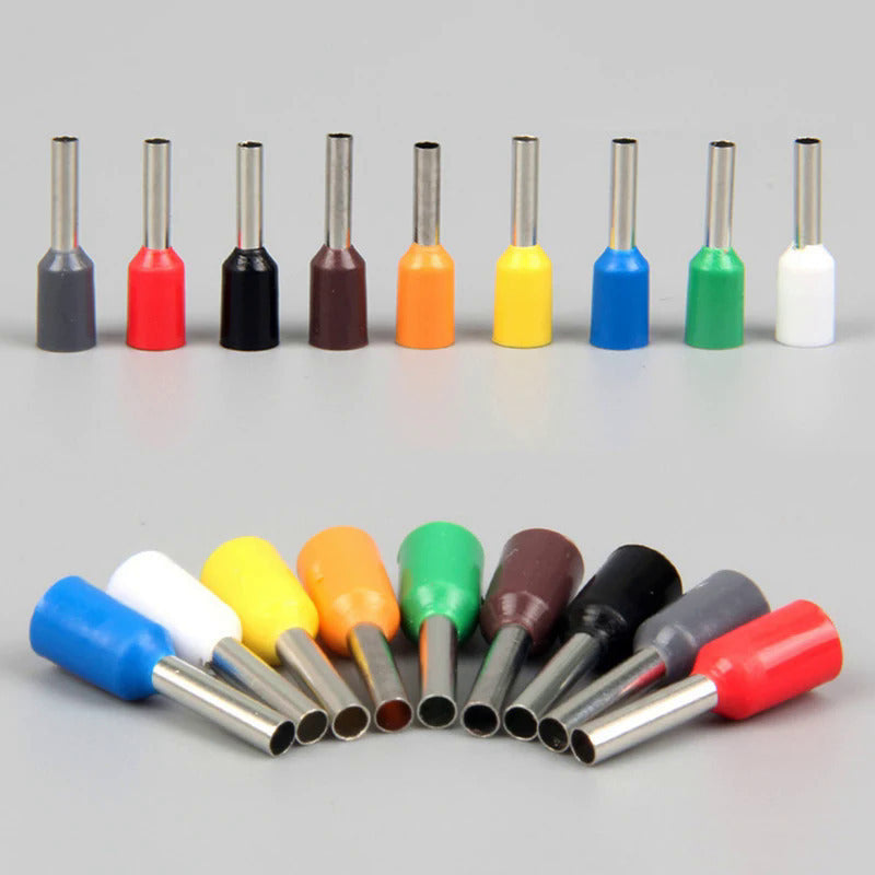 Color-coded insulated ferrules crimp terminal kit with 1000 pieces. Made of durable brass with easy plug-in installation for electrical wiring projects. Includes E0508, E7508, E1008, E1508