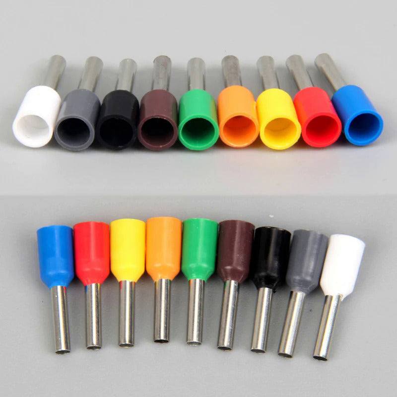 Color-coded insulated ferrules crimp terminal kit with 1000 pieces. Made of durable brass with easy plug-in installation for electrical wiring projects. Includes E0508, E7508, E1008, E1508