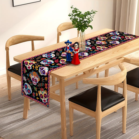 1pc Mexican Style Skull Linen Table Runner, Waterproof & Stain Resistant, Seasonal Holiday Decor for Halloween & Day of the Dead. Perfect for protecting your tabletop and adding festive decoration for family gatherings, parties, or as a gift.