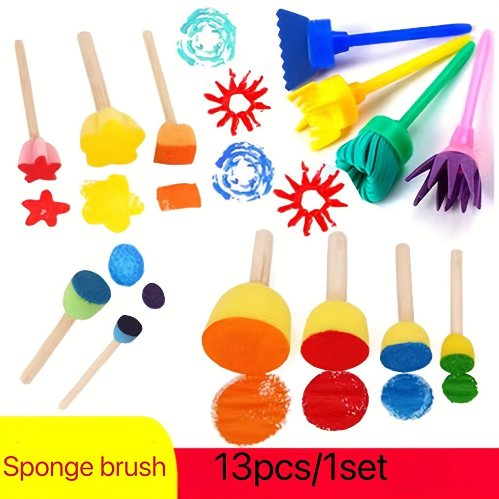 Set of 13 sponge painting tools for DIY creative graffiti and arts and crafts painting, including seal brushes, rollers, sponge sticks, rubbing tools, circular brush, acrylic sponge, wooden