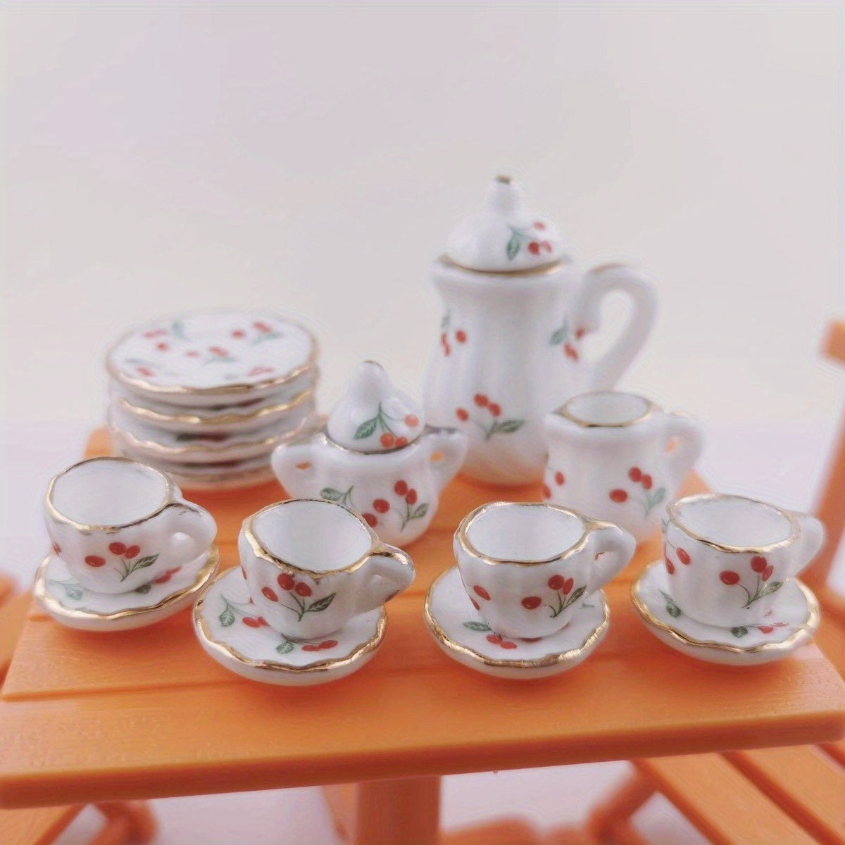 Miniature Chinese Tea Set - 15 pieces, 1:12 scale ceramic dollhouse accessories with floral pattern porcelain kitchen decor, ideal DIY gift