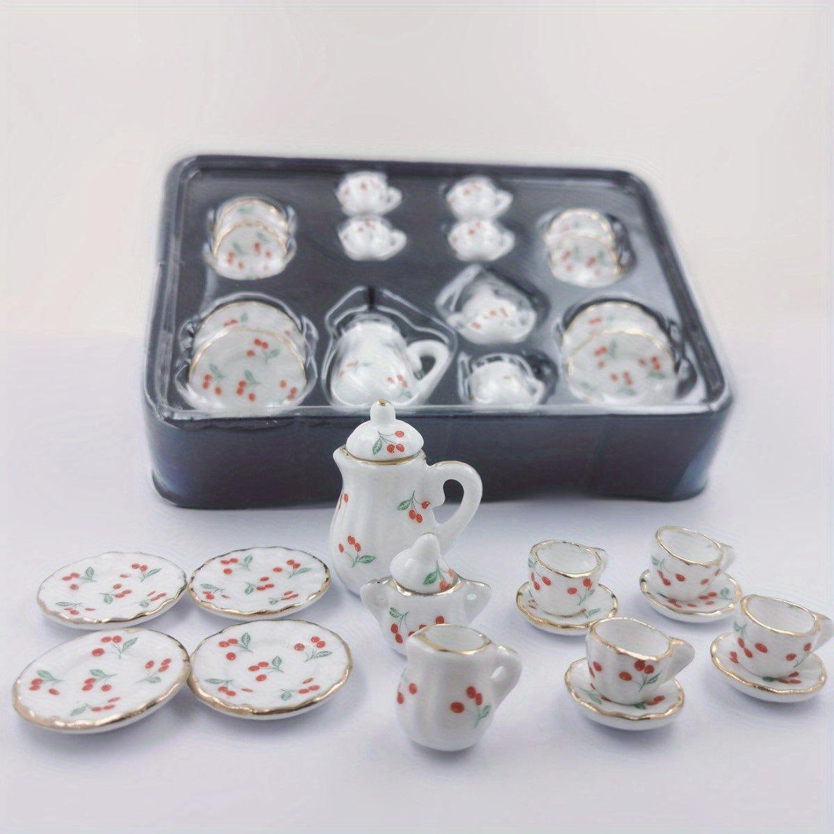 Miniature Chinese Tea Set - 15 pieces, 1:12 scale ceramic dollhouse accessories with floral pattern porcelain kitchen decor, ideal DIY gift