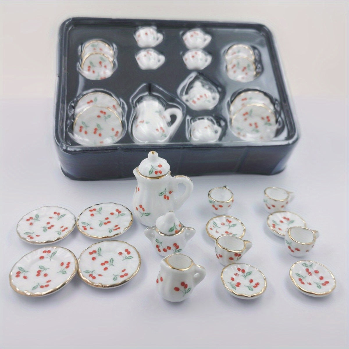 Miniature Chinese Tea Set - 15 pieces, 1:12 scale ceramic dollhouse accessories with floral pattern porcelain kitchen decor, ideal DIY gift