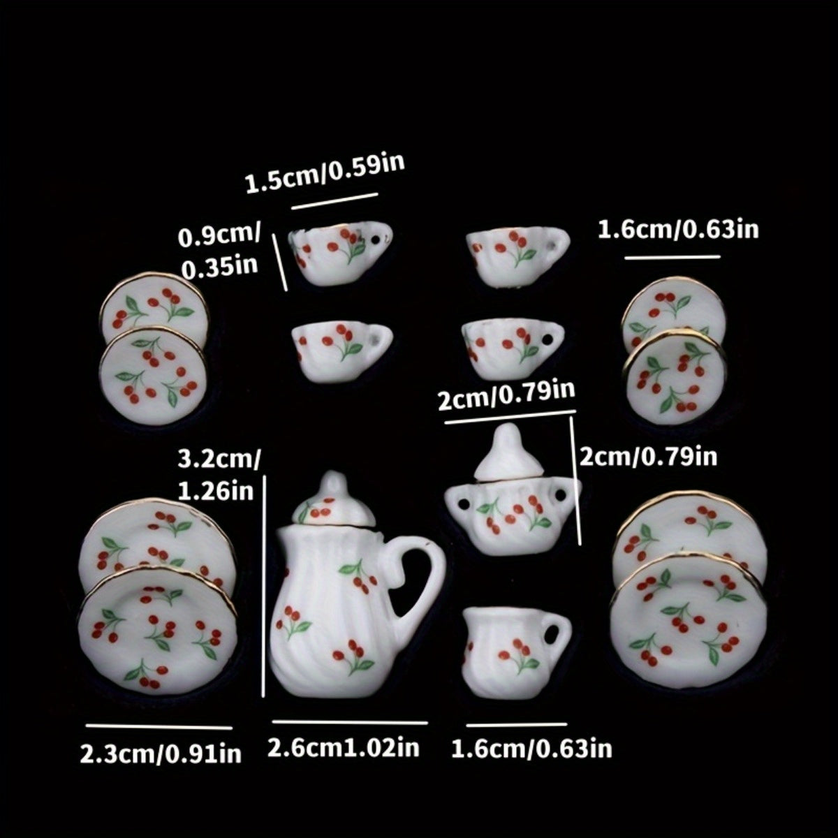 Miniature Chinese Tea Set - 15 pieces, 1:12 scale ceramic dollhouse accessories with floral pattern porcelain kitchen decor, ideal DIY gift