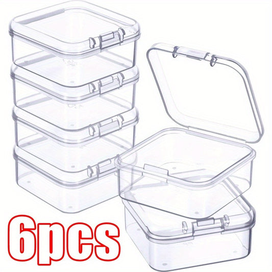 6 Mini clear plastic storage boxes with snap lids, ideal for organizing jewelry, earrings, and small items. Perfect for modern home decor and secure storage.