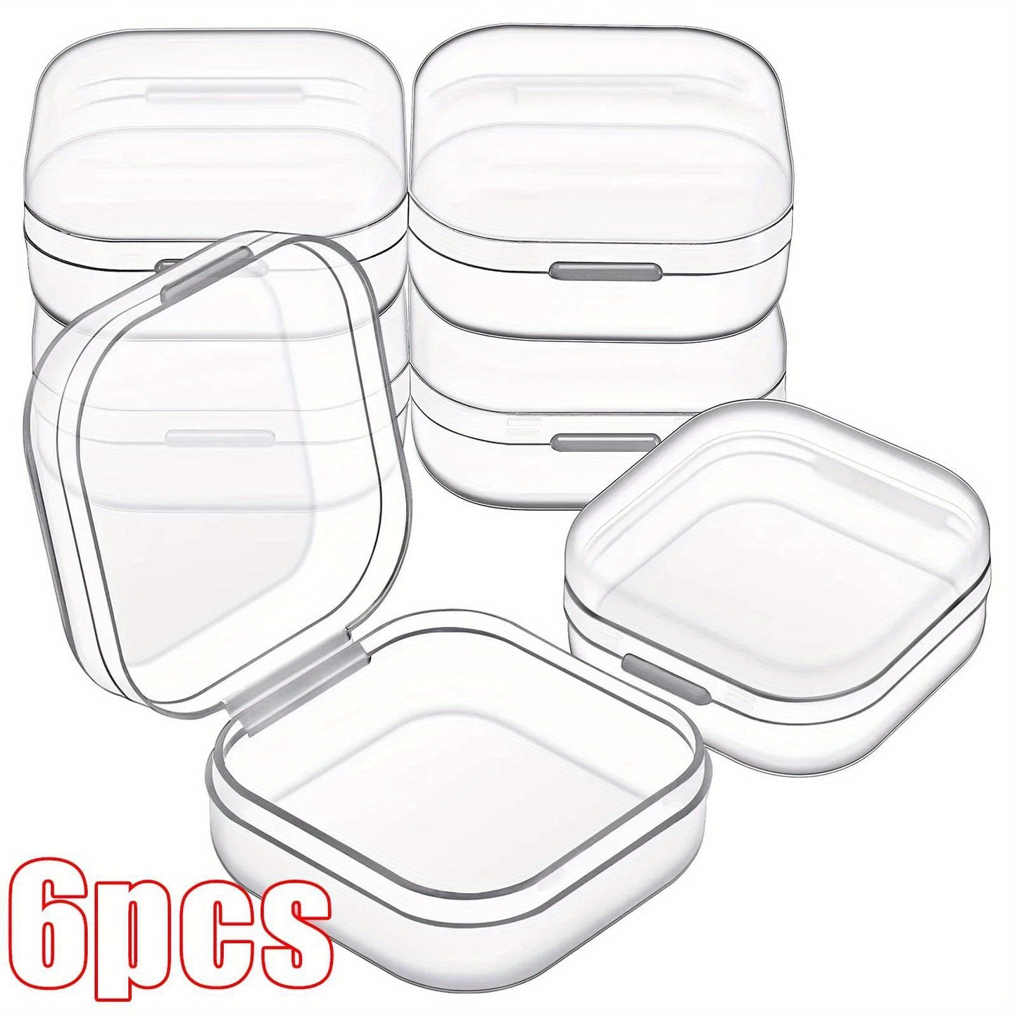 6 Mini clear plastic storage boxes with snap lids, ideal for organizing jewelry, earrings, and small items. Perfect for modern home decor and secure storage.