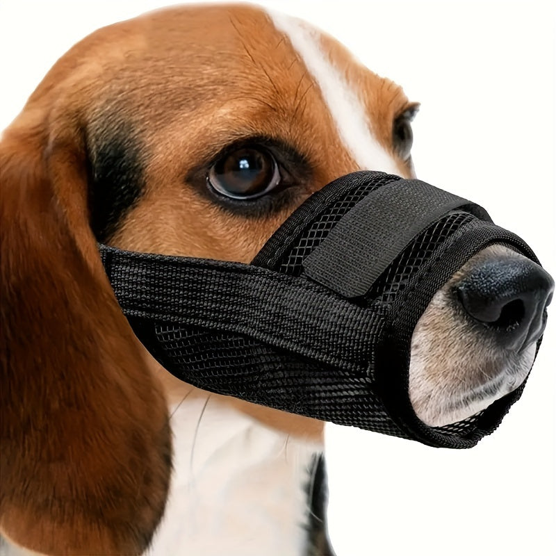 Breathable polyester adjustable dog muzzle prevents biting and barking for small to medium dogs, providing a comfortable fit.