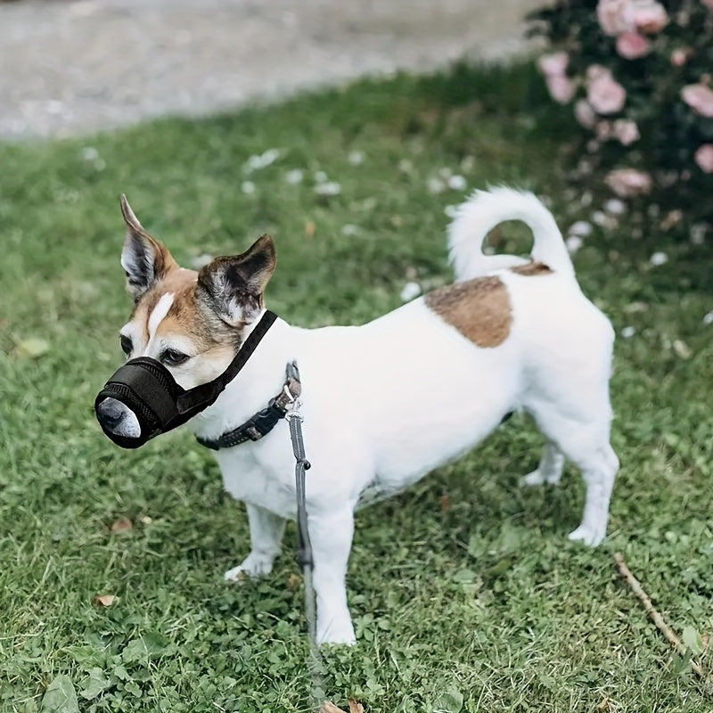 Breathable polyester adjustable dog muzzle prevents biting and barking for small to medium dogs, providing a comfortable fit.