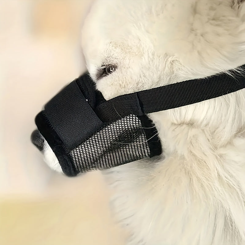 Breathable polyester adjustable dog muzzle prevents biting and barking for small to medium dogs, providing a comfortable fit.